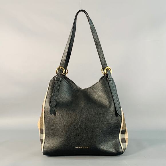 BURBERRY Small Canter Black Beige Plaid Pebble Grain Leather Canvas Handbag - Picture 1 of 9